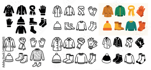 Winter clothing icons and colorful illustrations