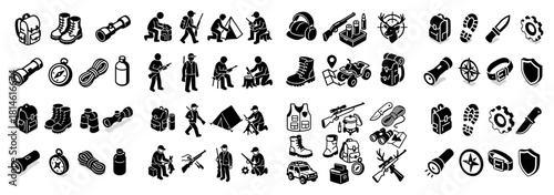 Outdoor adventure icons: equipment and activities