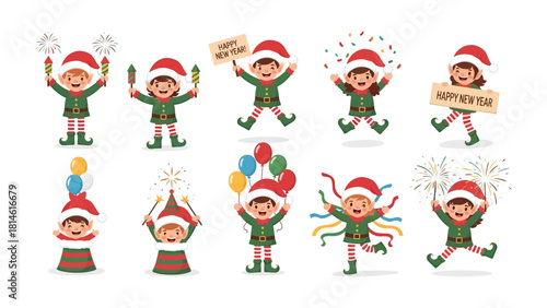 Elf Festive Celebration: A cheerful gathering of festive elves with hats, ready to welcome the New Year and celebrate joyful moments with fireworks and balloons.