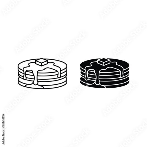 Stack of pancakes with butter and syrup icon in outline and silhouette
