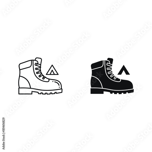 Safety boot icon with warning symbol in outline and silhouette