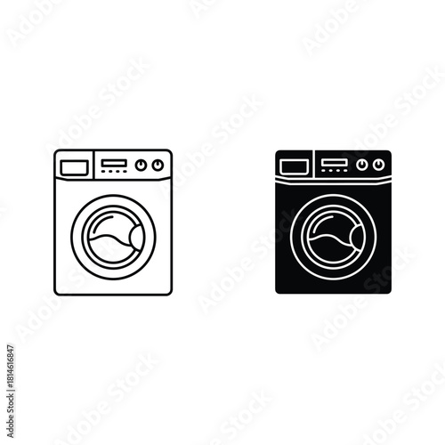 Two contrasting line art illustrations of a modern front loading washing machine