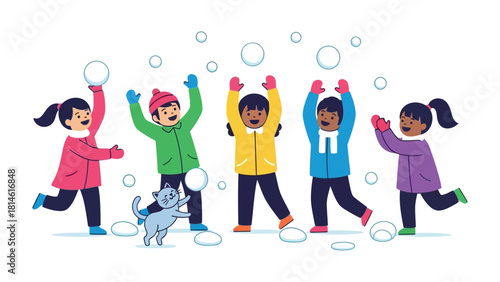 Snowball Fun: Illustrative joy of children at play. A playful scene of children engaging in a delightful snowball fight on a crisp winter day, the air filled with laughter and frosty cheer.