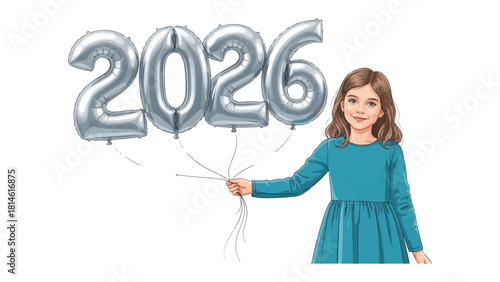 Year 2026: A young girl's optimistic outlook for the new year, holding balloon that shaped as 2026 symbolizing hope and vision for the future.