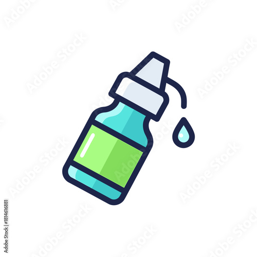Cartoon-style eye drops bottle with a drop falling, blue bottle, green label, white cap.