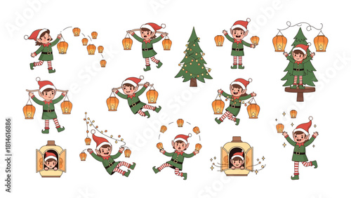 Whimsical Elf Delights: A collection of cheerful elves engage in playful activities, surrounded by festive lanterns and a Christmas tree, radiating the magic of the holiday season.
