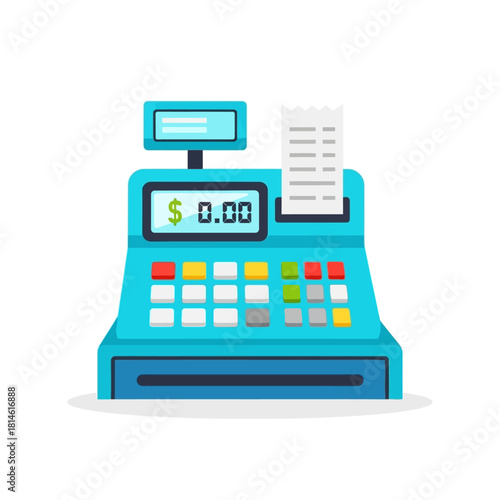 Cartoon-Style Blue Cash Register with Display Showing Zero Balance and Receipt.