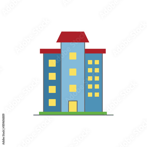 Cartoon-style light blue building with red roof and glowing yellow windows, flat vector illustration.