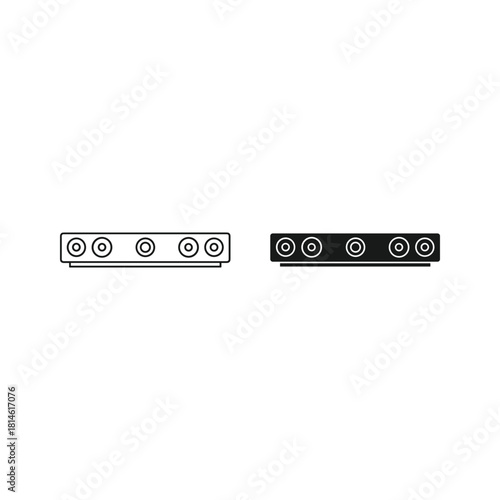 Two rows of audio connectors one white and one black isolated on white background