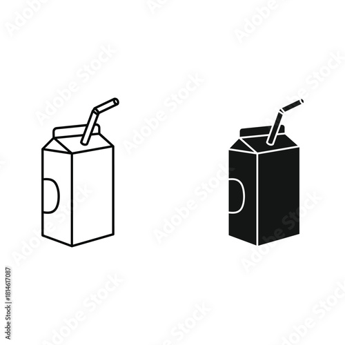 Two cartoon juice boxes with straws one outlined and one solid black
