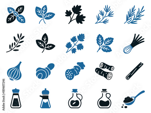 A variety of herbs, spices, and kitchen essentials in blue and black silhouette designs.