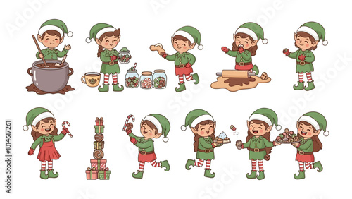 Joyful Elf Baker's Festive Delights: A collection of cheerful elves at work, busy baking and decorating a variety of sweet treats.