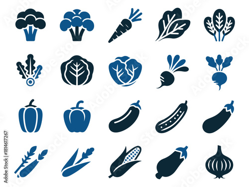 A collection of stylized vegetable icons in dark blue, showcasing a variety of fresh produce.