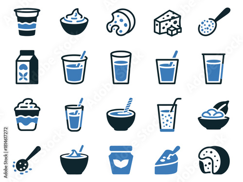 A collection of food and drink icons featuring dairy products and desserts in blue tones.