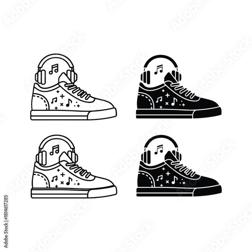 Four stylized high top sneakers with headphones and musical notes