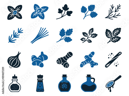 A collection of various herbs and spices in stylish blue and black designs.