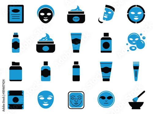 A flat lay of skincare icons in blue and black, showcasing various facial products in different containers.