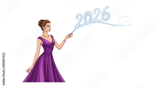 Visionary's Gaze: A stylish woman in an elegant gown conjures the year 2026 with a magic wand, symbolizing foresight and futuristic thinking.