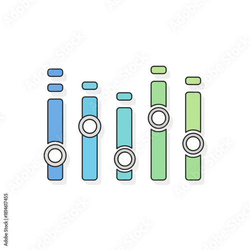 Colorful Audio Mixer Sliders with Circular Knobs and Black Outlines.
