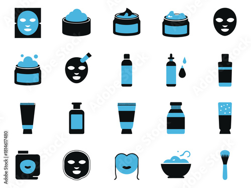 A collection of skincare and beauty icons featuring various products and tools in blue and black.