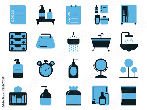 A collection of bathroom and personal care icons in blue and dark hues.