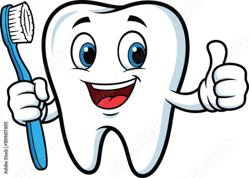 Happy cartoon tooth character holding a blue toothbrush and giving a thumbs up, cute dental hygiene mascot vector illustration.