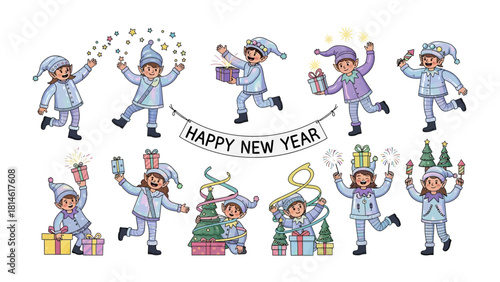 Cheerful Festive Spirits: A charming collection of playful elves joyfully prepare for the New Year, each immersed in the magic of the holiday.