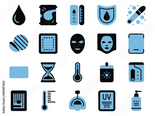 A diverse collection of health and beauty icons in blue and black, symbolizing skincare and treatments.