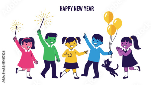 New Year's Celebration: Joyful children with festive sparklers and balloons are celebrating the arrival of the New Year, full of excitement and cheerful expectation.