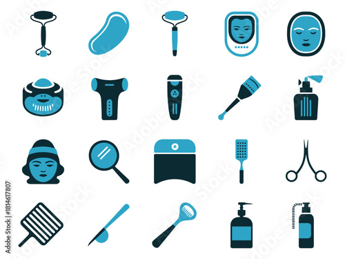 A collection of beauty and skincare tools in blue and white tones, showcasing various items for personal care.