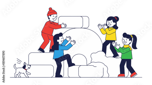 Winter Wonderland Playtime: A cheerful group of children and a playful dog are shown building a snow fort, creating an exciting winter scene filled with laughter and camaraderie.