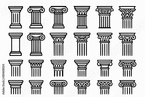 Architectural Column Icons Showing Ancient Greek Roman Imperial Byzantine Renaissance and Neoclassical Styles in Bold Black Vector on White Background