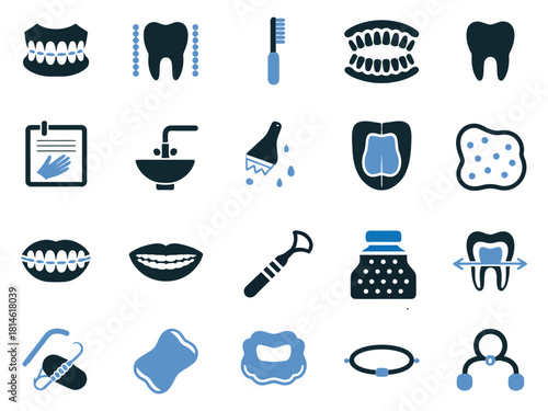 A collection of dental care icons in blue and dark colors, illustrating various oral hygiene tools.