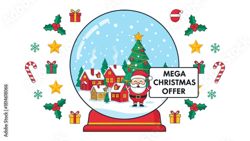 Mega Christmas Offer: festive globe with Santa in a winter wonderland, offering a season of savings and holiday magic.