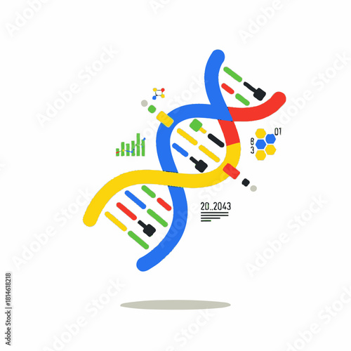 Colorful DNA Strand Illustration with Genetic Code and Molecular Structure.