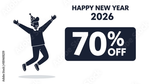 New Year Offer: An eye-catching promotional image announces a special New Year's sale, with a celebratory character and a significant discount percentage to entice shoppers.
