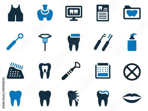 Icons representing dental tools and services in various shades of blue.