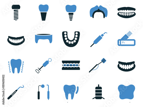An array of dental icons including tools and implants in varying shades of blue and black.