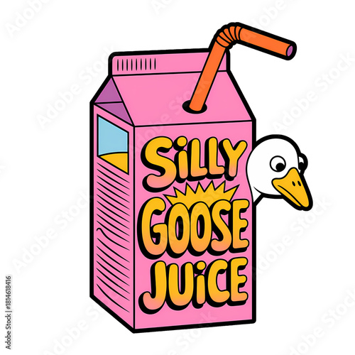 Colorful carton of silly goose juice with a duck peeking out from the side in a playful design