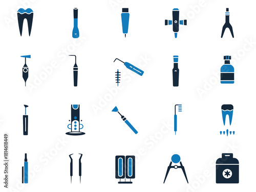 Collection of dental tools and instruments in blue and white, portraying a professional dental setting.