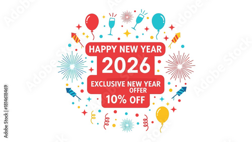 New Year's Celebration for 2026: An eye-catching graphic design announces an exclusive New Year's offer for 2026, complete with festive elements of celebration.