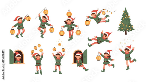 Whimsical Elf Delights: A collection of cheerful elves engage in a medley of festive activities, from adorning a festive tree to illuminating the scene with glowing lanterns.