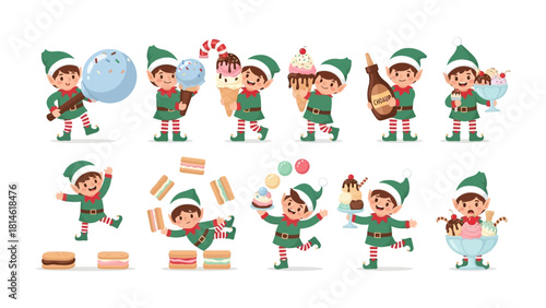 Whimsical Treats: Playful cartoon elves enthusiastically presenting an array of delicious desserts, including ice cream, macaroons, and other treats.