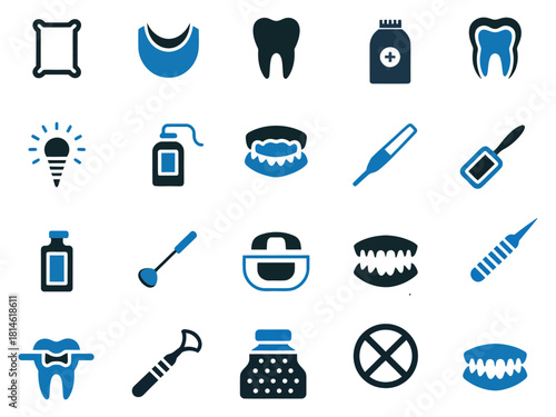 A collection of dental care icons in blue and black, featuring tools and products for oral hygiene.