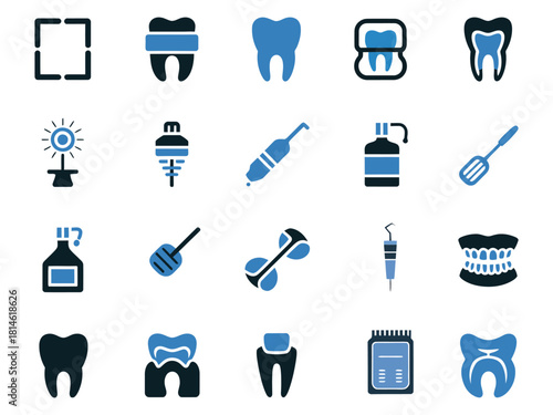 Collection of dental icons including tools, teeth, and equipment showcasing dental care aspects.