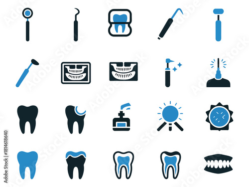 Collection of dental tools and symbols in blue and black, showcasing oral care essentials.