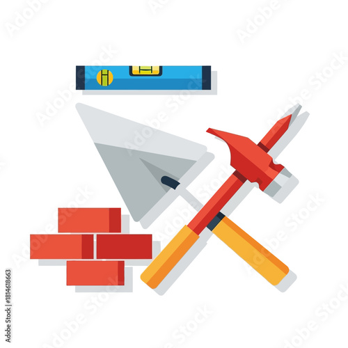 Colorful flat vector illustration of masonry tools including a hammer, trowel, spirit level, and red bricks.