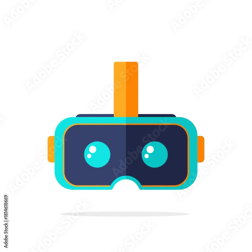 Colorful flat design virtual reality headset with a turquoise frame, orange straps, and shiny reflective lenses.