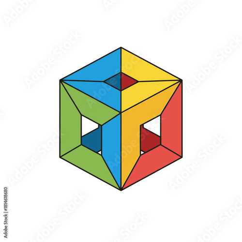 Colorful Geometric Cube - Abstract Design with Openings and Vibrant Colors.