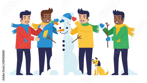 Building a Snowman: A group of friends comes together on a snowy day, working collaboratively to build a delightful snowman, creating a memorable winter scene with joy and camaraderie.
